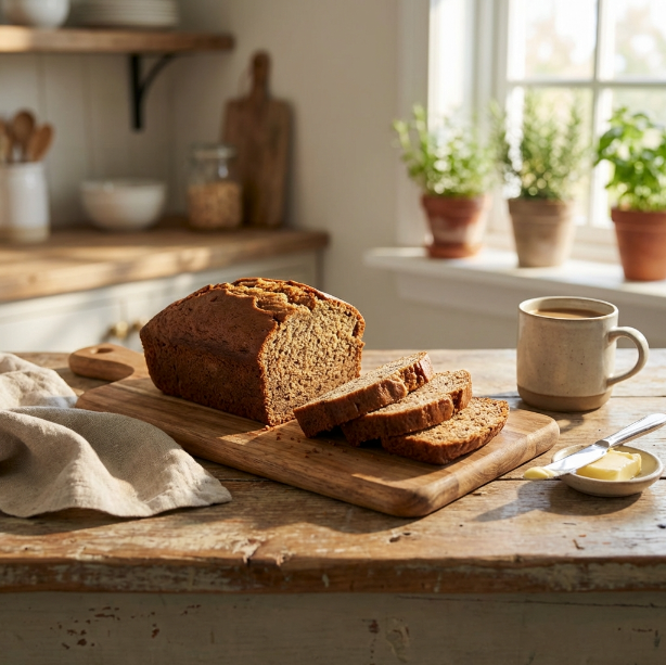 Loaf of banana bread on a wooden cutting board with a cup of coffee and butter in a kitchen setting.
