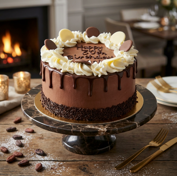 Chocolate birthday cake with white frosting on a marble cake stand in a cozy room with a fireplace.