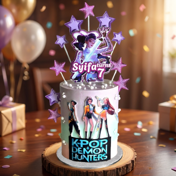 Birthday cake with 'K-Pop Demon Hunters' theme and personalised topper