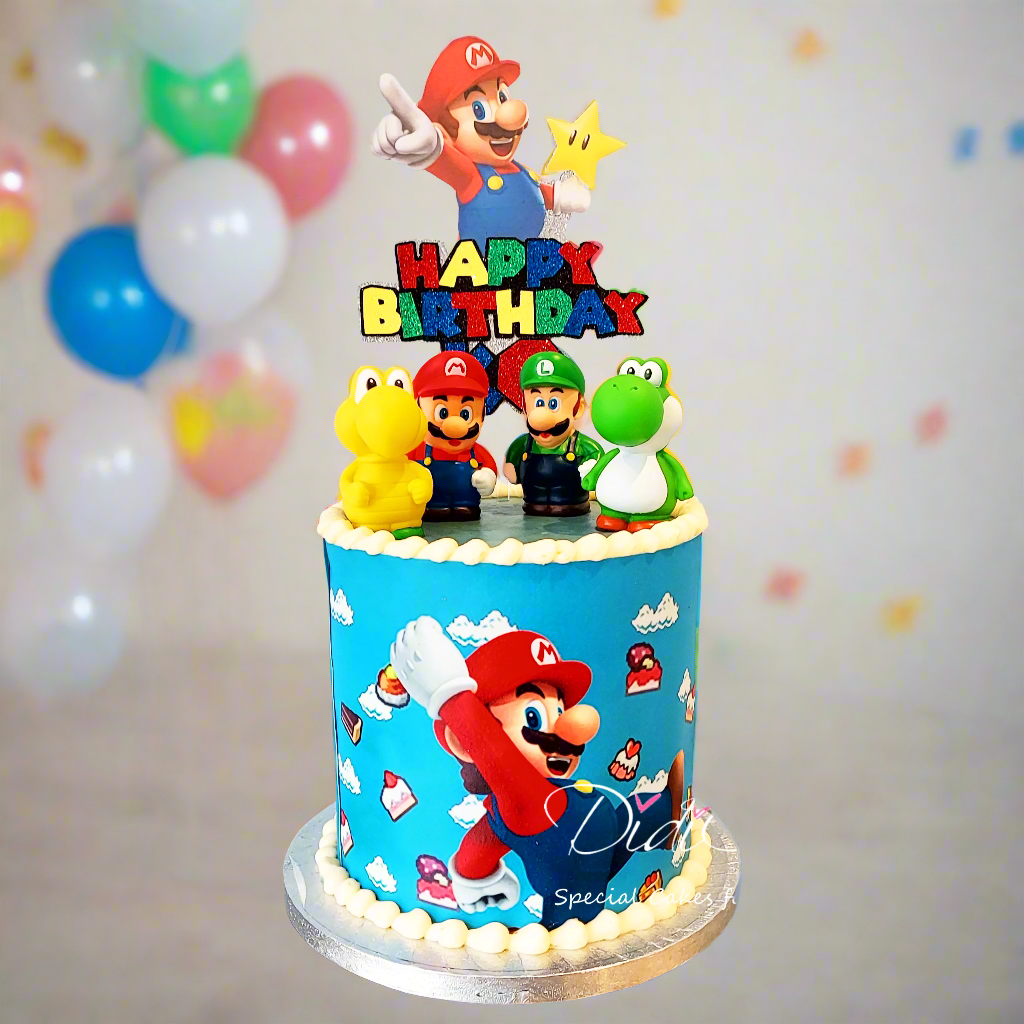 A birthday cake decorated with characters from the Super Mario series, including Mario, Luigi, and Yoshi, with a 'Happy Birthday' topper.