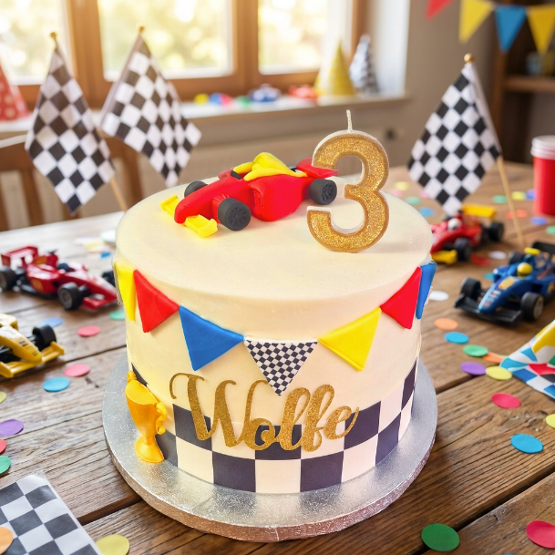 Birthday cake with racing theme, number candle, personalised with name on the front