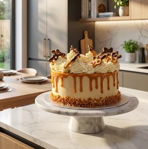 Decorative salted caramel cake with caramel drizzle on a marble stand in a kitchen setting