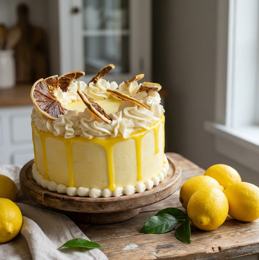 Lemon cake with white frosting and lemon slices on a wooden table.