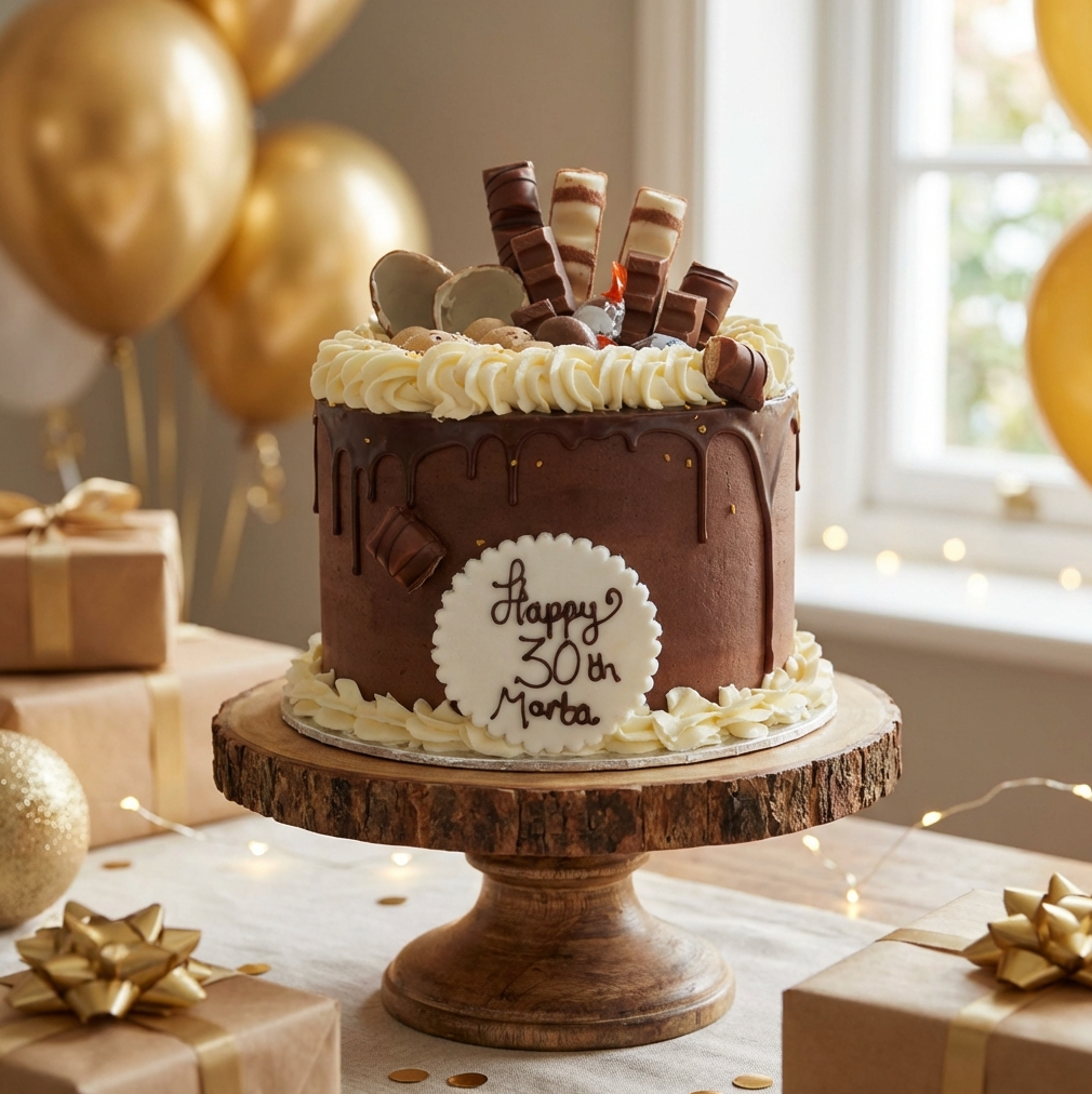 Kinder Chocolate cake with 'Happy 30th Marta' on a wooden stand, surrounded by gold balloons and presents.