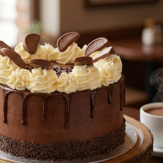 Terrys chocolate orange cake, with chocolate drip and white piping. Decorated with Terrys chocolate orange segments